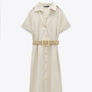 ZARA BELTED LINEN BLEND MIDI DRESS  ECRU  Sz L